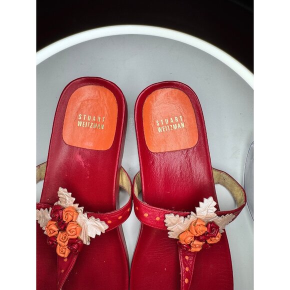 VTG Stuart Weitzman Red Leather Sandals 8.5 Floral Applique Thong Y2K Boho Vacay - Picture 13 of 16